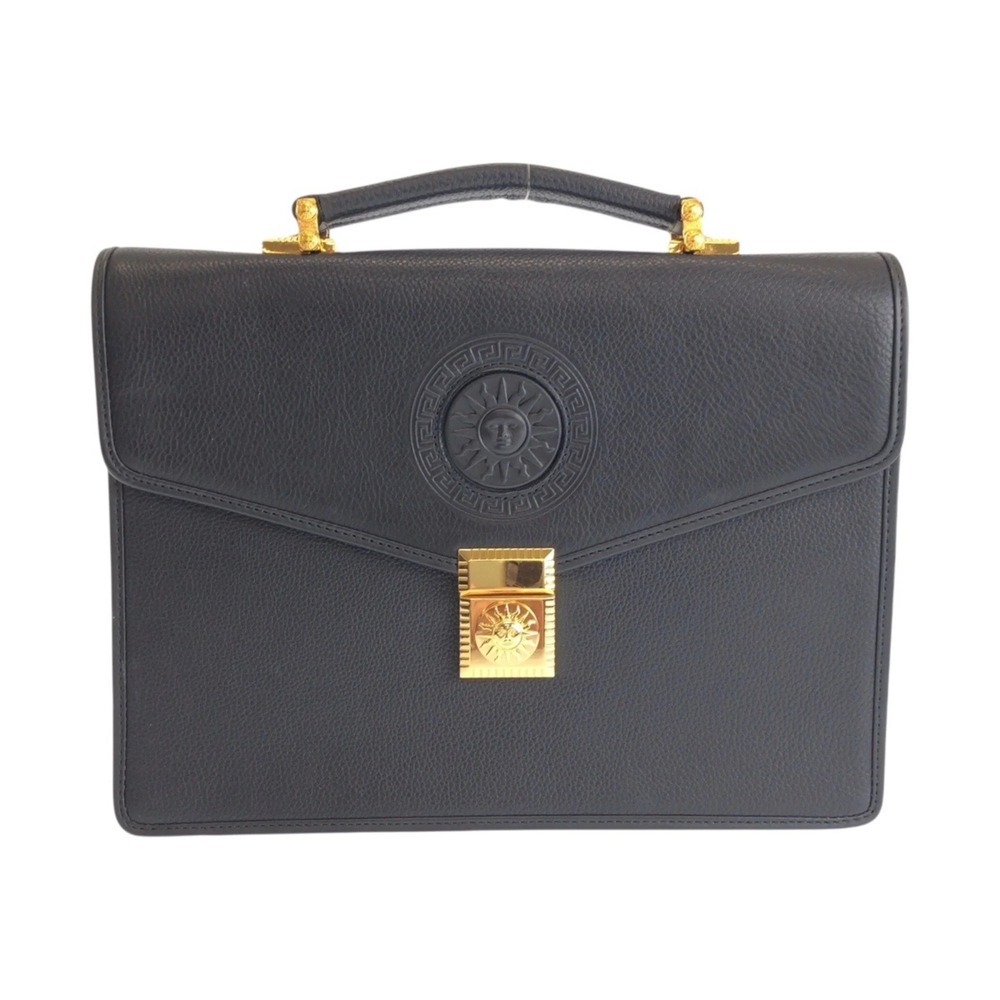VERSACE Vintage Sunburst Black Leather Second Bag Clutch Business for Men